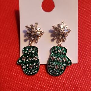 Green and Silver Snowflake Mitten Earrings
